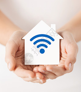 人,互联网连接,安全,警报技术手房子与无线电无线电波信号图标图片