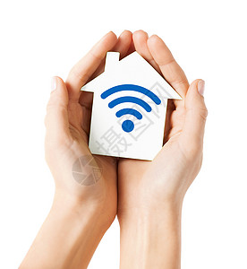 人,互联网连接,安全,警报技术手房子与无线电无线电波信号图标图片
