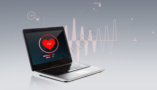 技术,保健,监测心脏病学笔记本电脑与心跳图标心脏图图片