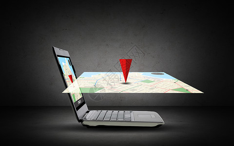技术,导航,位置广告笔记本电脑与GPS导航屏幕上图片