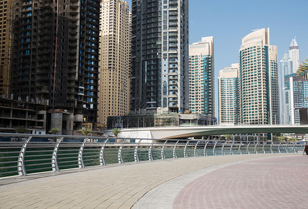 城市景观,旅游,旅游城市迪拜城市商业区与摩天大楼海滨桥梁图片