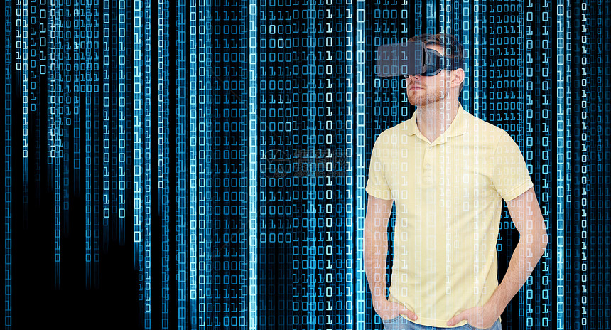 三维技术,虚拟现实,编程,娱乐活动人的轻人与虚拟现实耳机3D眼镜蓝色进制代码号码黑色背景图片
