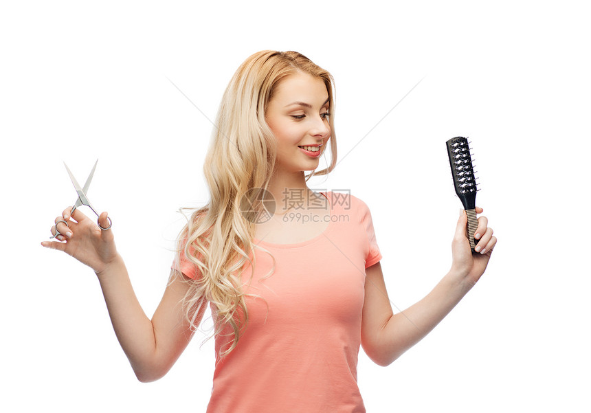 头发护理,发型,美发美容人的轻妇女十几岁的女孩用剪刀梳子图片