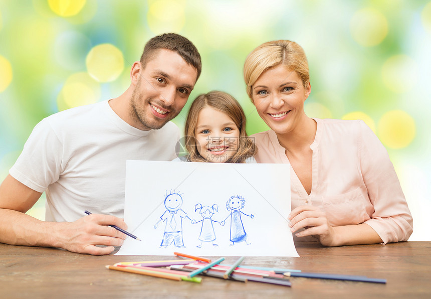 人,幸福,收养童的幸福的家庭与绘画铅笔图片绿灯背景图片