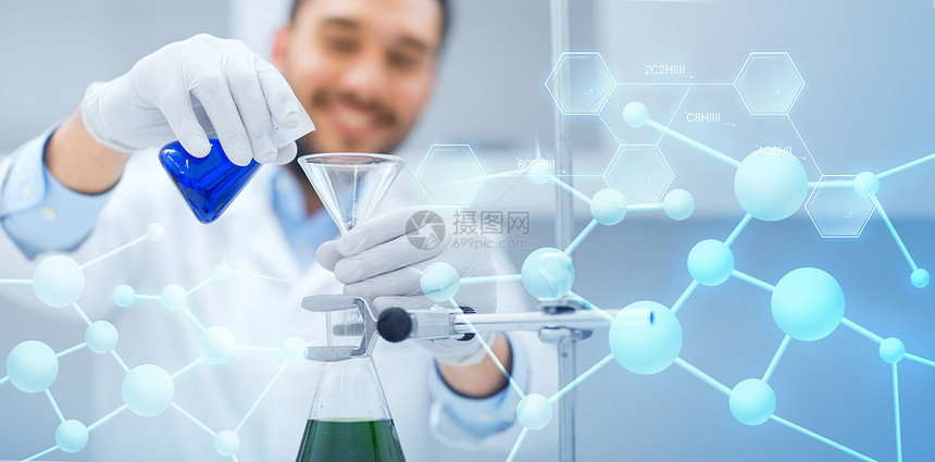 科学化学生物学医学人的科学家用漏斗填充试管,并蓝色分子结构背景下临床实验室进行研究图片
