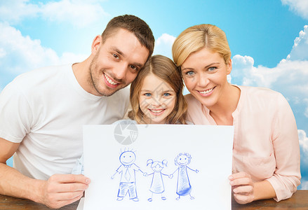 人,幸福,收养童的幸福的家庭与绘画图片蓝天与云的背景图片