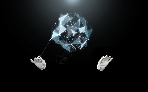 能,错觉,技术虚拟现实魔术师双手手套与魔杖魔术与低聚虚拟形状黑色背景图片