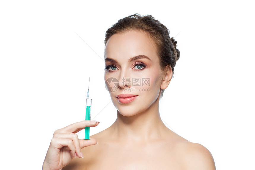 健康,人,美容,整形手术美容美丽的轻女人着注射器白色背景上注射图片