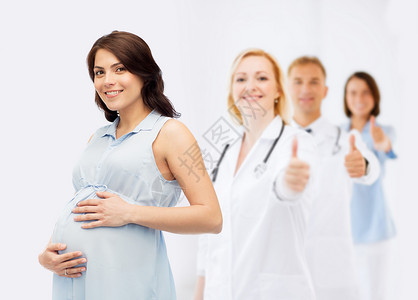 怀孕,医疗,医学,人期望快乐的孕妇触摸她的大肚子超过群医生产科医生大拇指背景背景图片