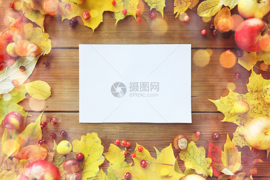 自然季节广告装饰木桌上的秋叶水果浆果的框架内白纸图片