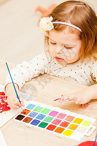 女孩正幼儿园用画笔水彩画纸上女孩画画图片