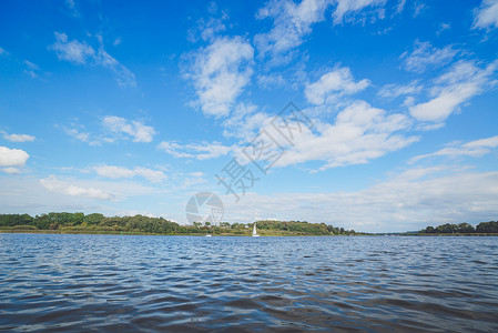 河流景观与帆船水蓝天背景图片