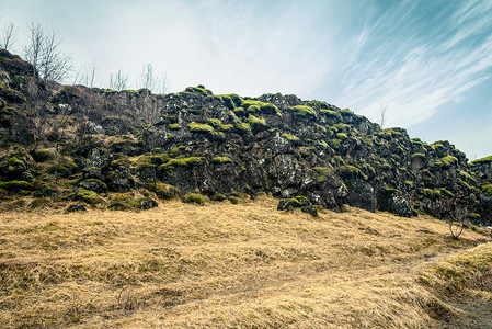 冰岛伊夫利尔公园黑色悬崖上的绿色苔藓图片
