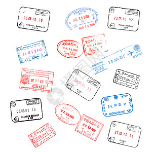 套白色背景的各种护照签证邮票图片