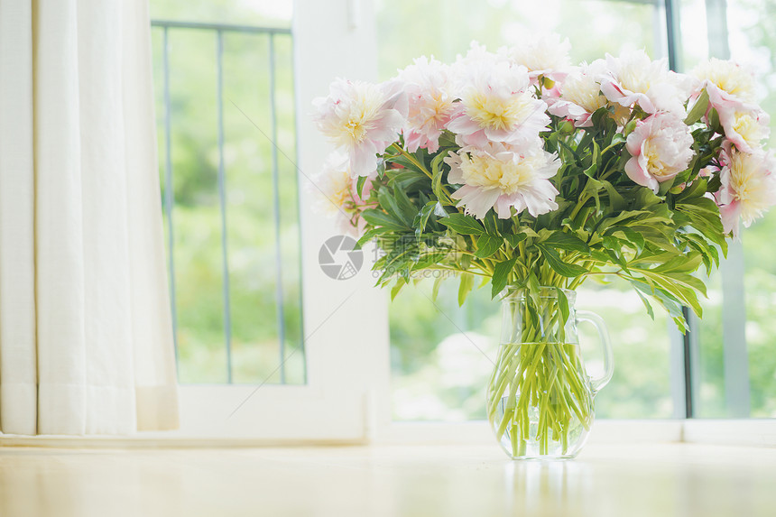 大美丽的淡粉色牡丹花璃花瓶的窗户背景用鲜花花瓶轻装家庭装饰客厅内部图片