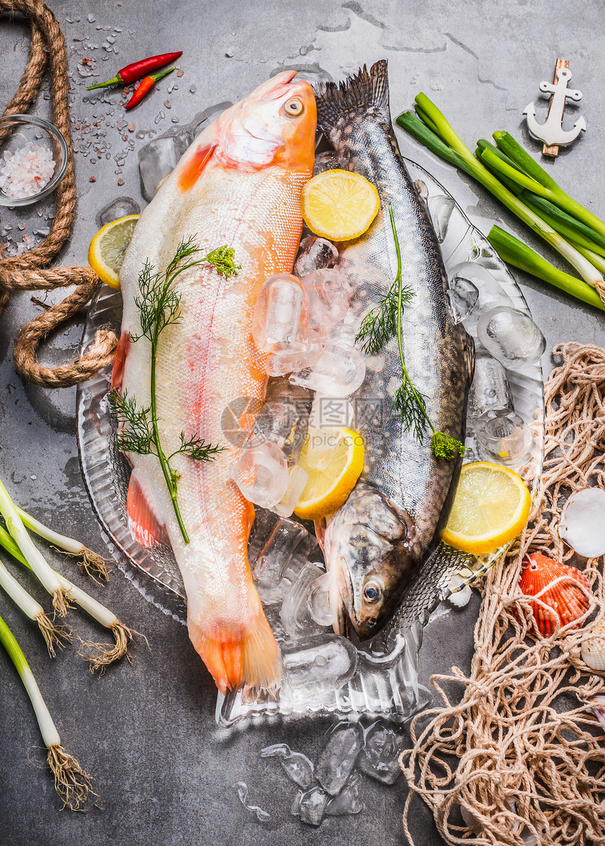 两条生的整条鱼,配上新鲜的食材,美味健康的烹饪金虹鳟鱼混凝土石背景与冰块渔网,顶部的鱼盘的准备图片