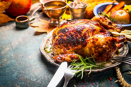 喜庆的乡村餐桌上烤整只火鸡鸡肉,并感恩节的秋季装饰图片