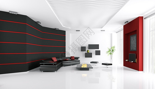 现代客厅内部沙发壁炉电视3D渲染图片