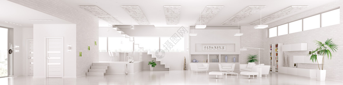 现代白色公寓内部生活餐厅大厅全景三维渲染图片