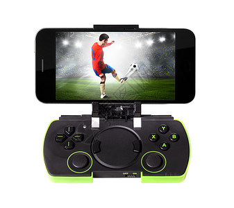 足球网页素材玩体育游戏现代智能手机与Gamepad连接,隔离白色背景上背景