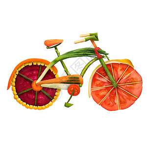 兜风健康食品的城市固定齿轮自行车详细制作的新鲜蔬菜充满维生素,隔离白色背景设计图片