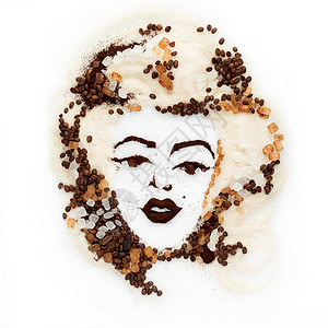 磨豆机石磨食物艺术的美丽女脸由咖啡豆,磨咖啡糖,白色棕色,孤立白色背景上设计图片