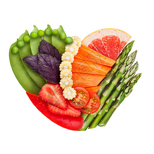 多吃蔬菜水果健康食品的,人类的心脏由新鲜的蔬菜水果制成,减少死亡风险,隔离白色上设计图片