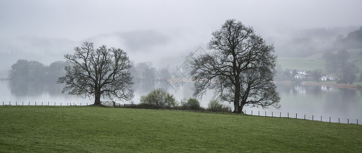 英格兰湖区温德米尔湖上雾蒙蒙的早晨景观图片