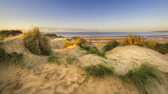 黄沙金沙滩上沙丘系统上令人惊叹的日出背景图片