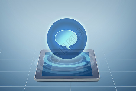 电子,技术通信平板电脑与虚拟消息图标以上屏幕蓝色背景图片