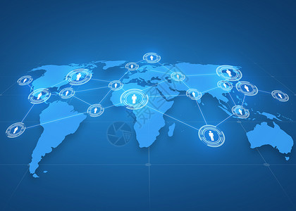 群众icon全球商业,社交网络,大众媒体技术世界投影与人图标蓝色背景设计图片