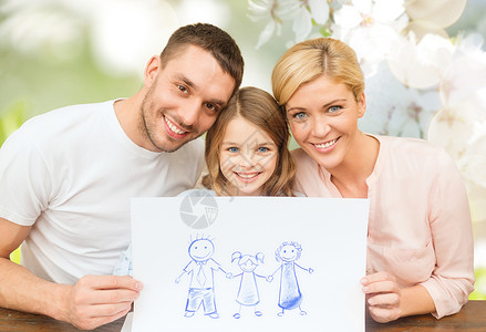 人,幸福,收养童的幸福的家庭与绘画图片绿色樱花背景图片