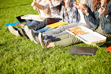 教育,食物,人友谊的快乐的十几岁的学生吃比萨饼坐草地上图片