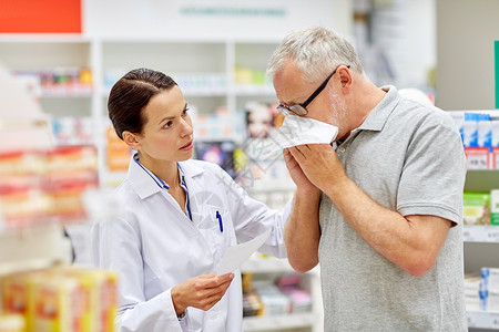 医药,药剂学,保健人的药剂师生病的老人流感鼻子药房背景图片