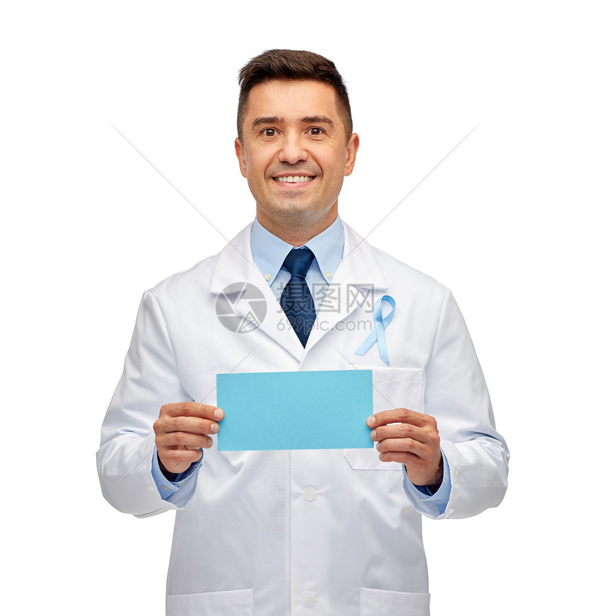 医疗保健,广告,人医学微笑的男医生穿着白色外套,带着天蓝色的前列腺癌意识丝带,着白纸图片