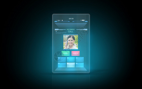 现代技术,通信未来主义照明虚拟平板电脑与视频呼叫接口屏幕上图片