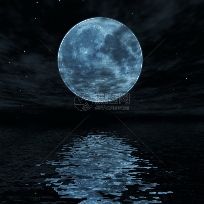 蓝色的大月亮反射波浪状的水上图片