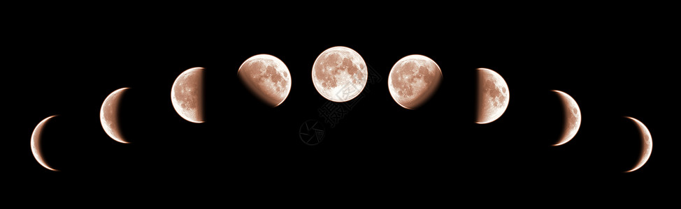 半影月球黑色背景上分离的全生长周期的九个阶段背景