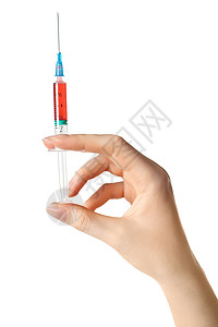 女人用医用注射器的手背景图片
