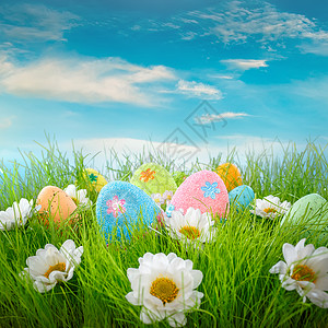 蓝色复活节彩蛋蓝天背景下的草地上装饰复活节彩蛋背景