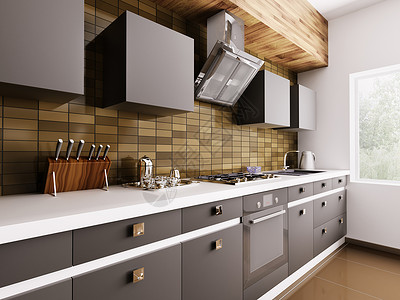 现代厨房与水槽,煤气炊具引擎盖内部3D图片