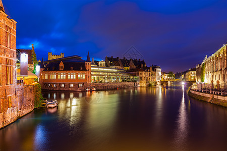 旅行欧洲比利时背景金特运河黄昏根特,比利时图片