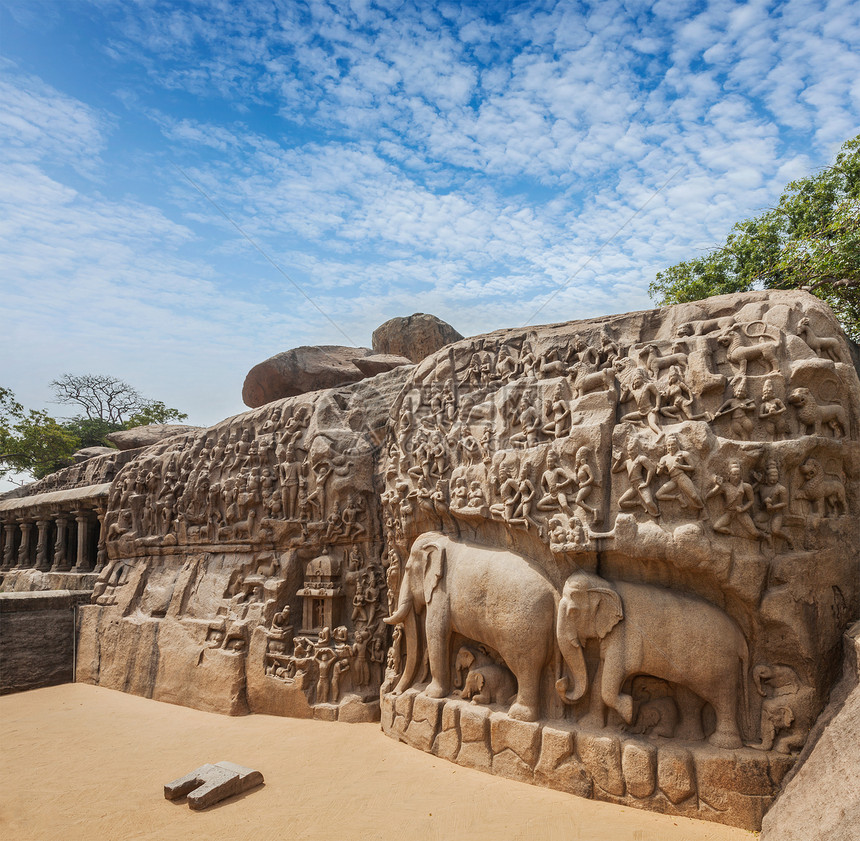 恒河Arjunarsquo的祖先古代石雕印度泰米尔纳德邦Mahabalipuram的纪念碑图片