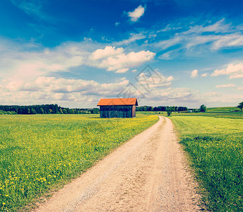 复古效果过滤了夏季草甸乡村道路的时髦风格形象与木屋巴伐利亚,德国图片