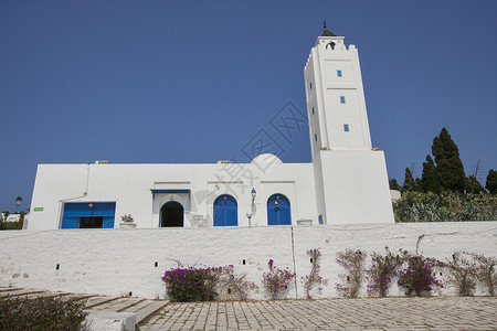 反晴朗天空的传统白色蓝色建筑突尼斯突尼斯图片