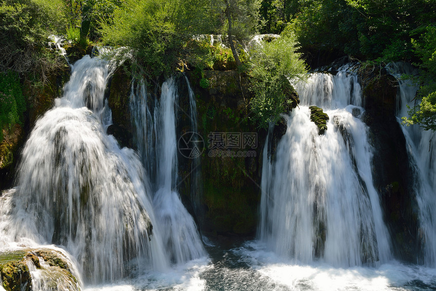 瀑布清洁淡水的质,背景为绿色森林图片