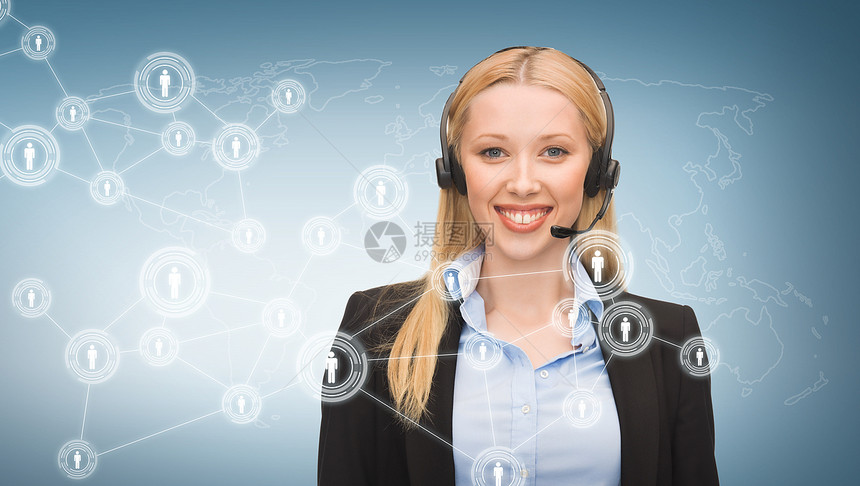商业通信技术呼叫中心女热线接线员,带耳机虚拟屏幕
