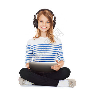 音乐,技术购物带耳机平板电脑的孩子图片