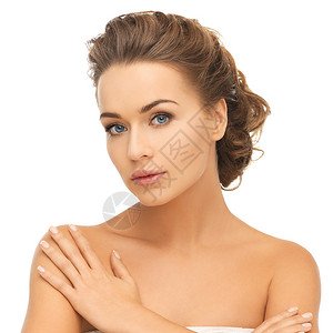 健康美丽的美丽的女人的脸手与UPDO可用作珠宝模板背景图片