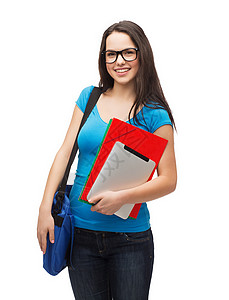 教育技术人的微笑的学生戴着黑色眼镜,书包文件夹平板电脑站立图片